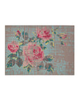 Farverigt CANEVAS tæppe med pink roser og turkis baggrund, broderet i pixeleret blomstermønster.