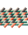 MIRAGE Tæppe i orange, grønne og grå nuancer - grafisk design med tredimensionel effekt skabt af overlappende bånd i et asymmetrisk, optisk mønster.