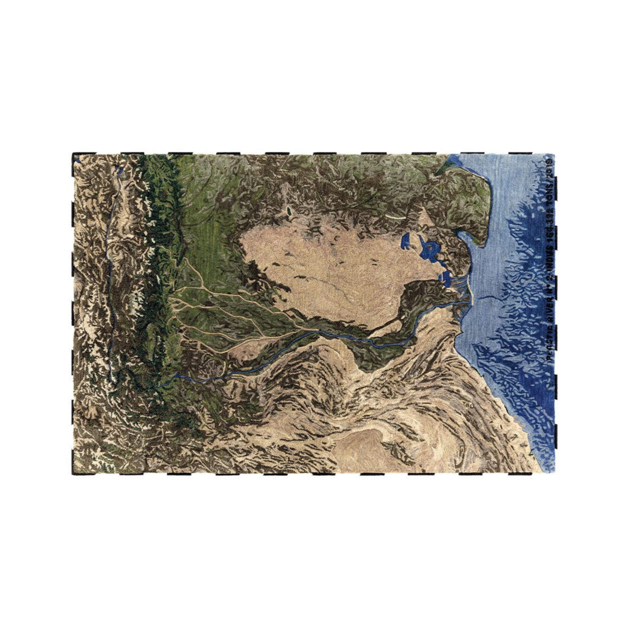 Rektangulært tæppe i størrelsen 200 x 300 cm med satellitmotiv af Indusfloden, designet af Álvaro Catalán de Ocón for GAN. Håndtuftet i 100 % genanvendt PET.