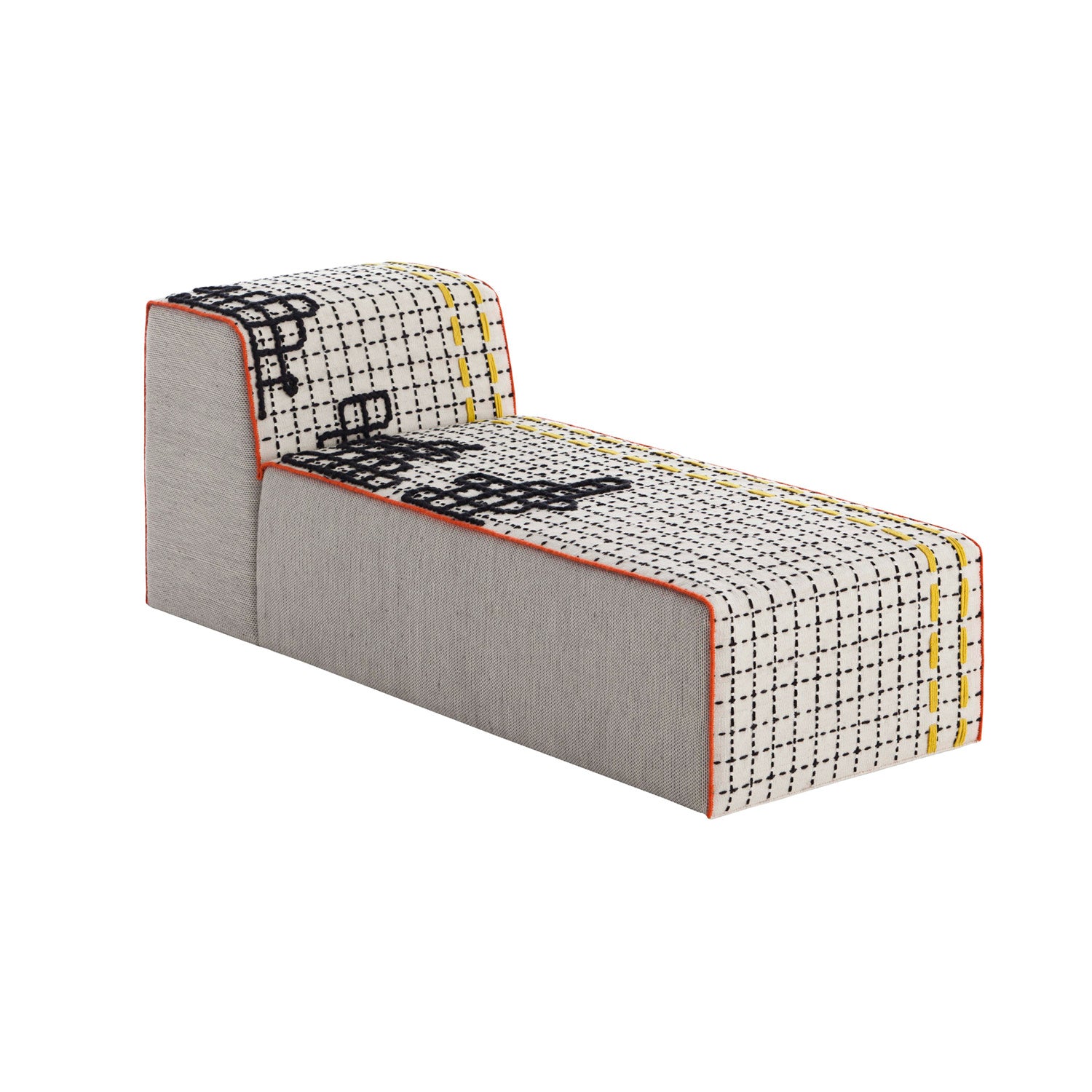 BANDAS Chaiselongue i hvid med sort broderet mønster og gul detalje – stilren og modulær løsning.