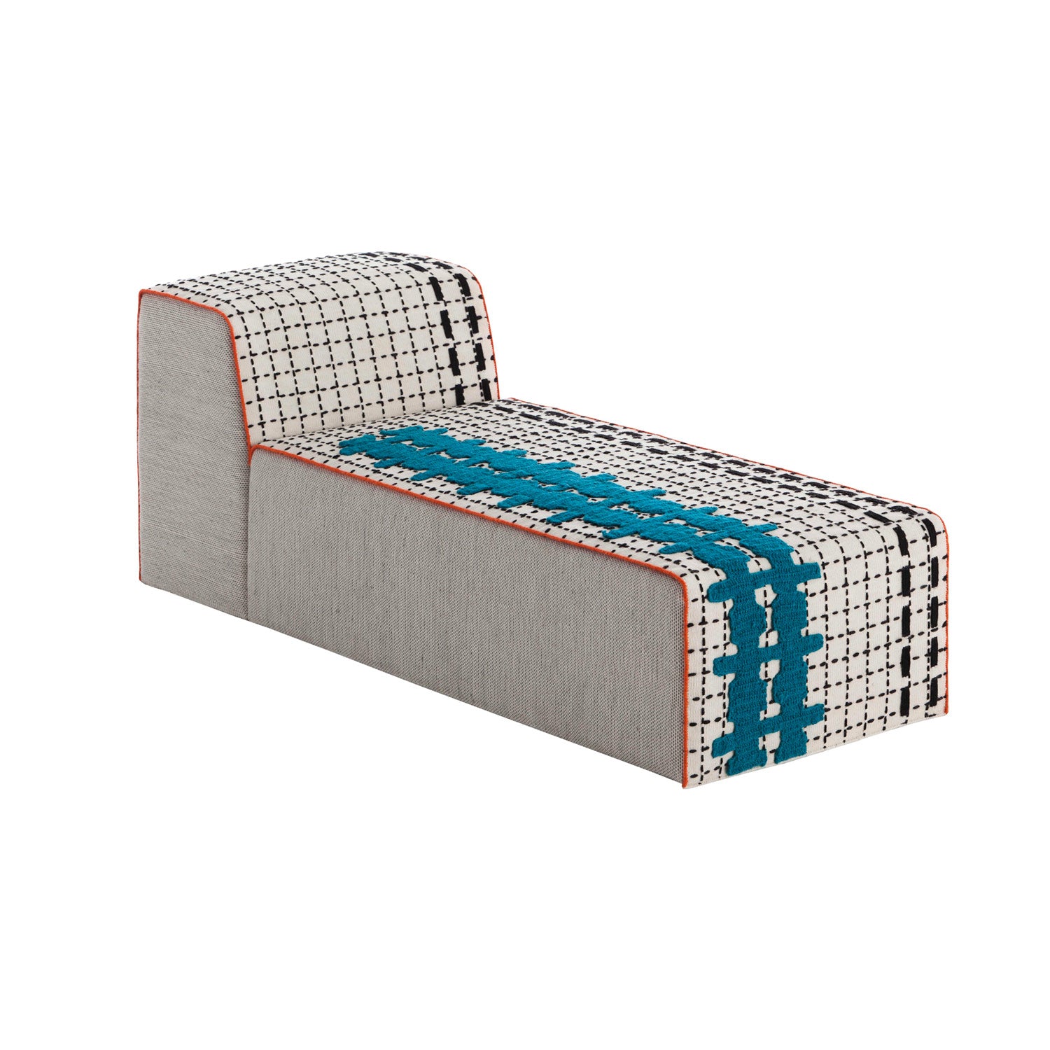 BANDAS Chaiselongue i turkis og sort/hvidt grafisk mønster – livlig og alsidig modulsofa.