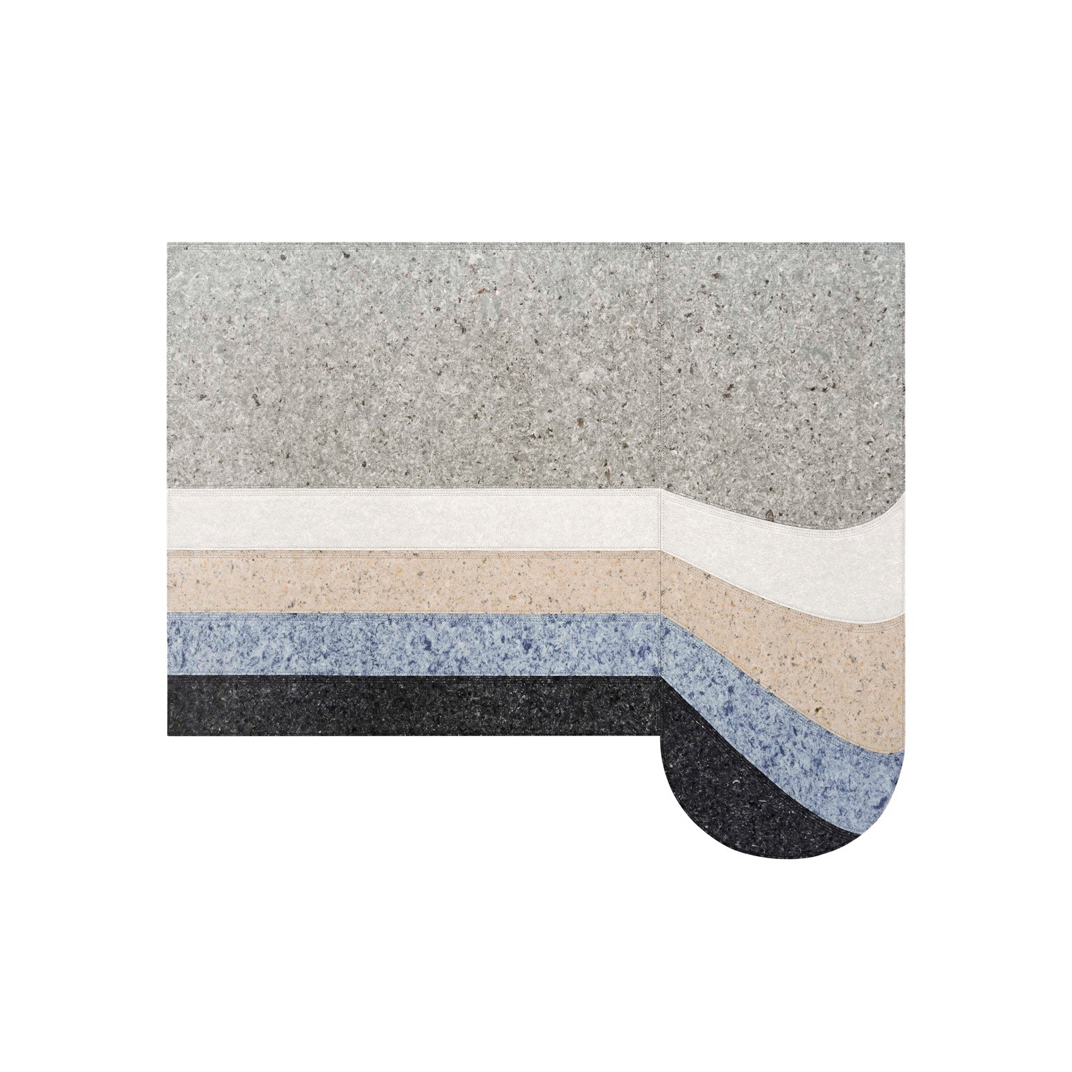 NUANCES Tæppe Round i beige, blå og sorte nuancer med grafisk opbygning og organisk, afrundet hjørne.