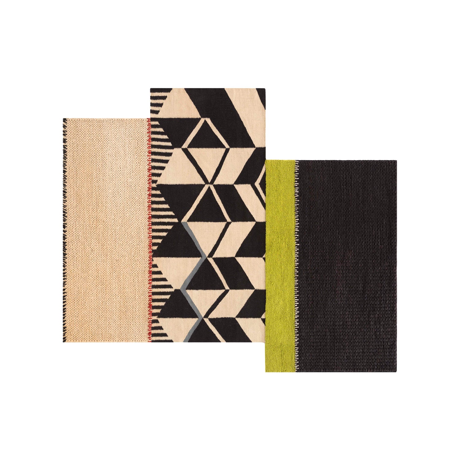 Rustic-Chic tæppe i asymmetrisk design med geometriske mønstre og farveblokke i sort, beige og pistaciegrøn – håndlavet i uld og jute.